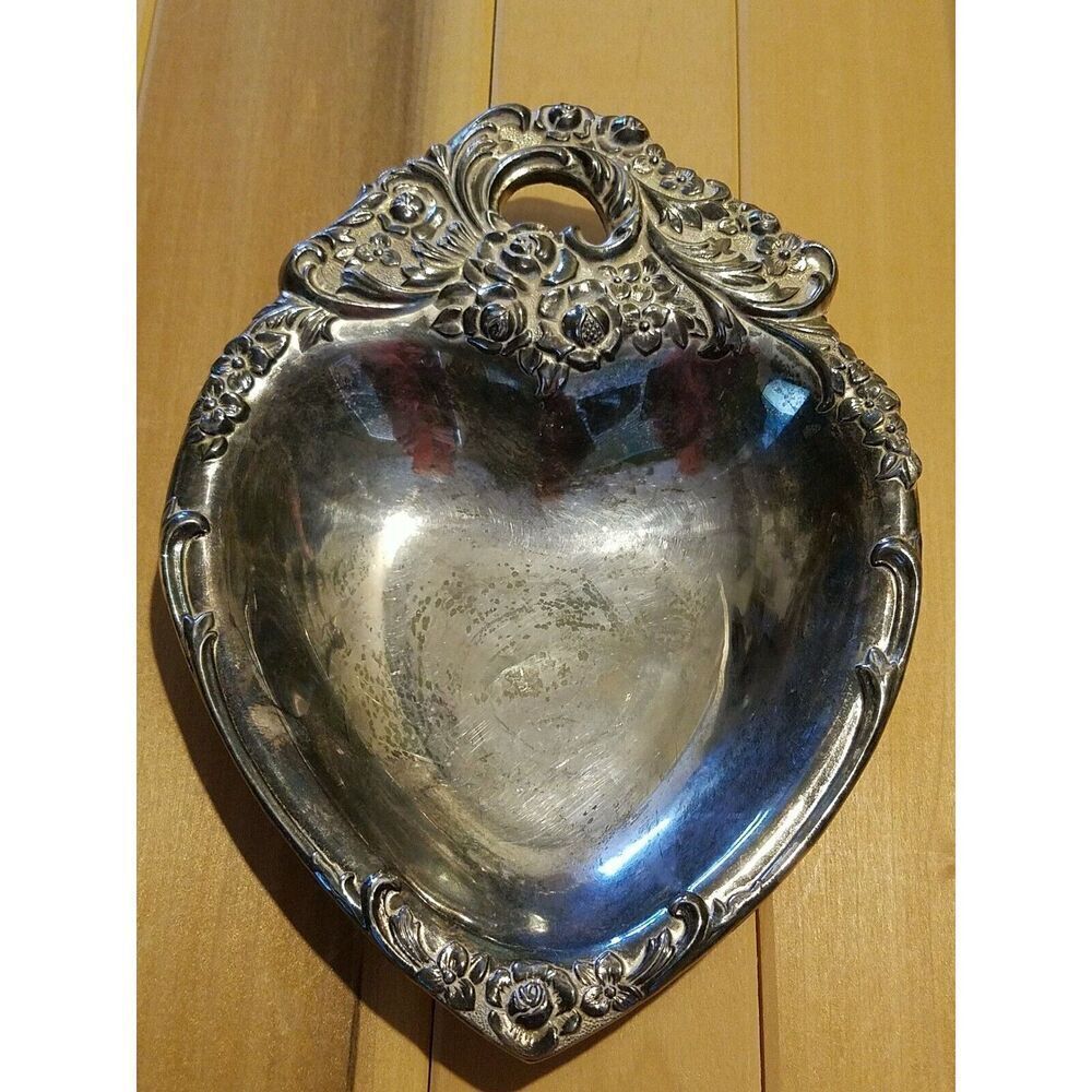 Leonard Silverplate Heart Dish Tray Roses Silver Plated Trinket Dish Italy